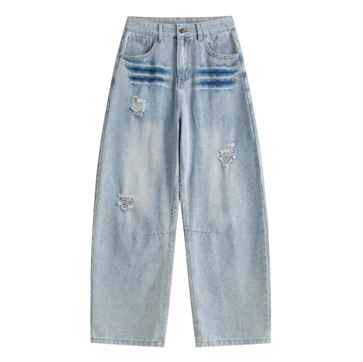 Light Wash Brush Mark Ripped Curved Jeans