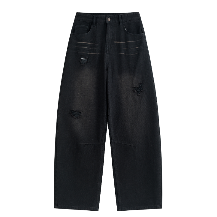 Light Wash Brush Mark Ripped Curved Jeans