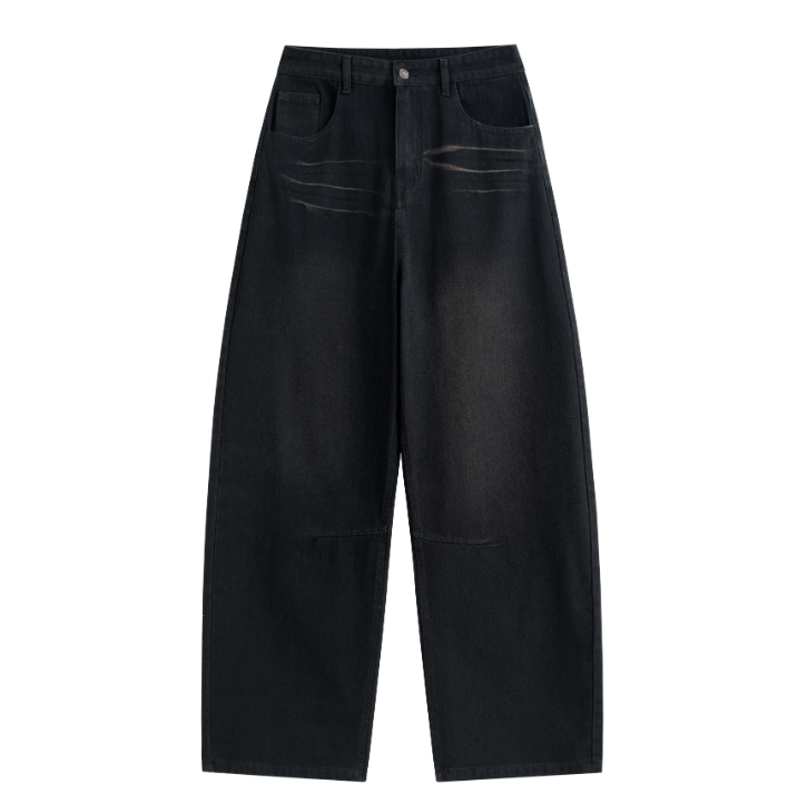 Dual-Side Brush Mark Curved Baggy Jeans